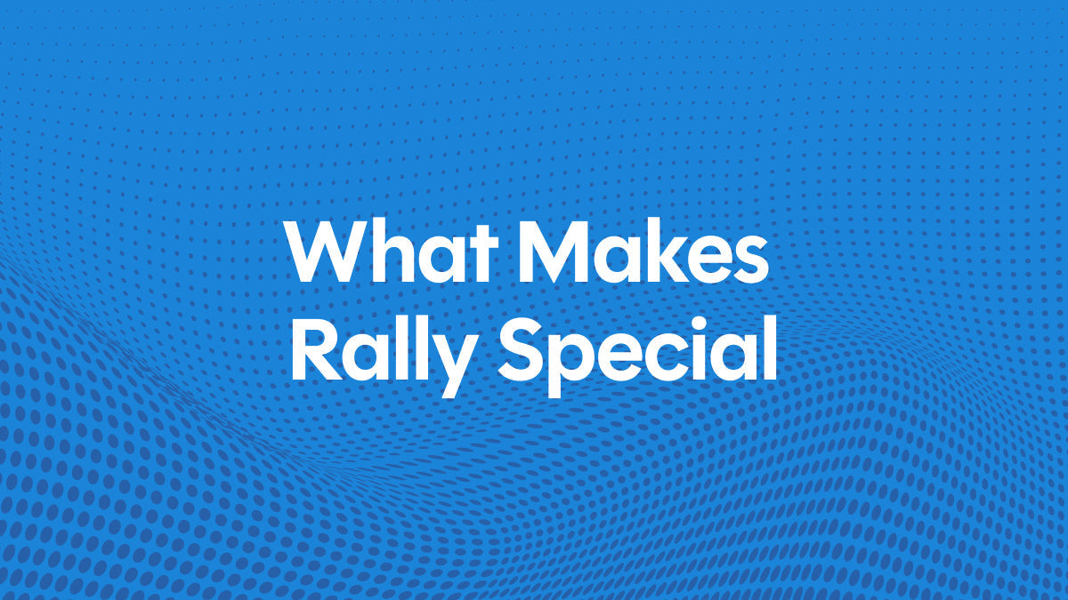 Blue Rally promotional graphic with white text 