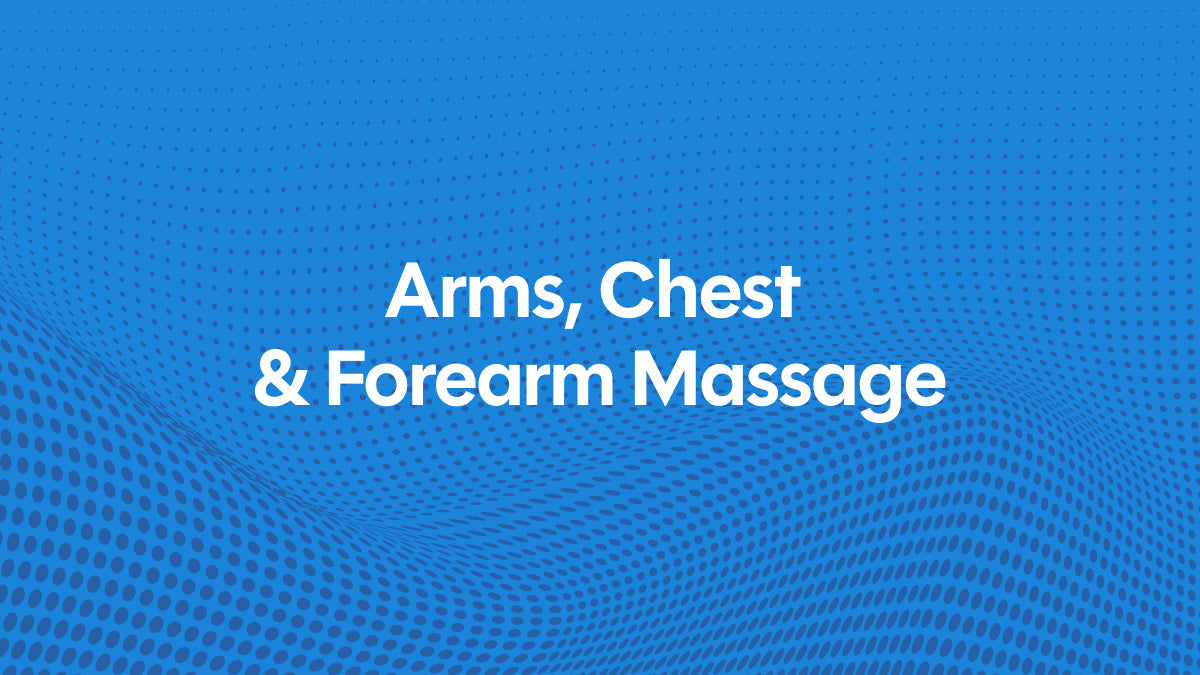 Banner showing arms, chest, and forearm massage techniques using the Rally Orbital Massager for desk and workout relief