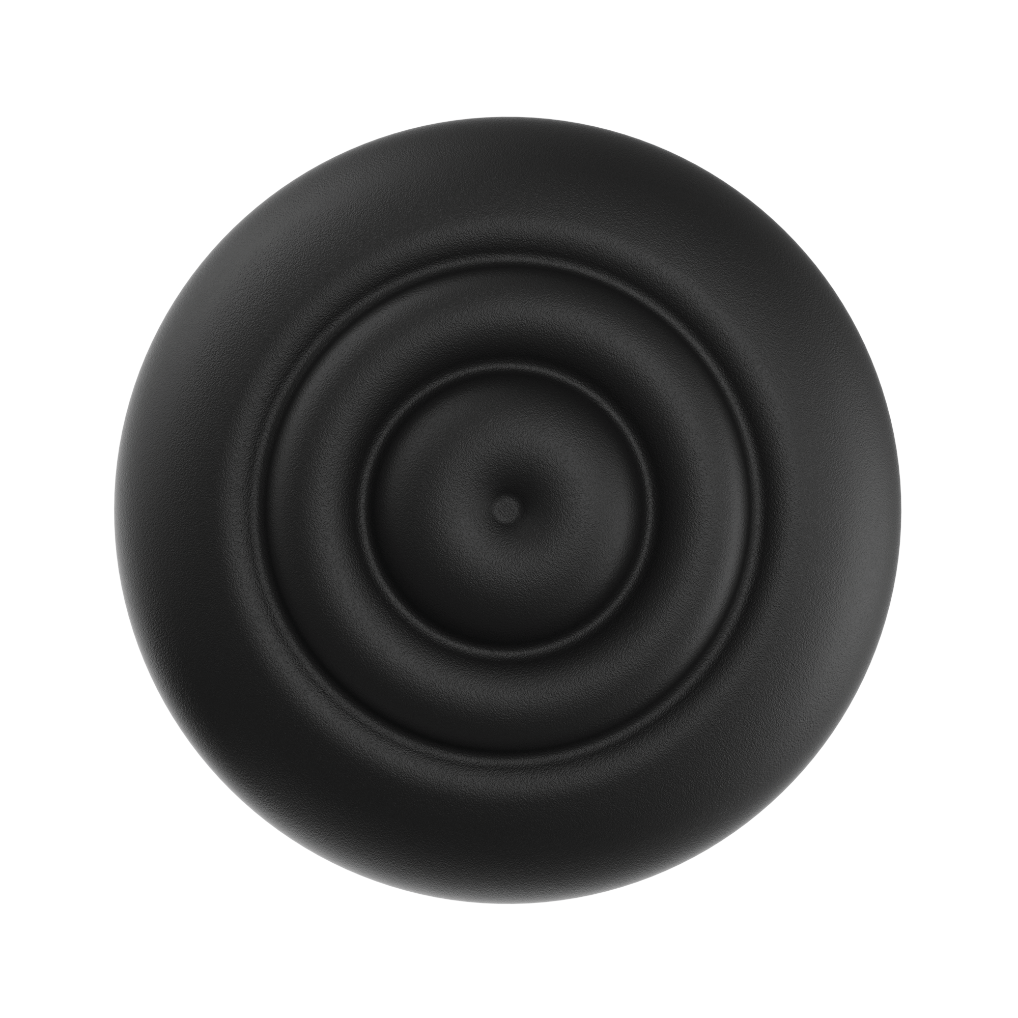 Black circular headphone ear cushion with concentric padded rings and textured surface, front view.