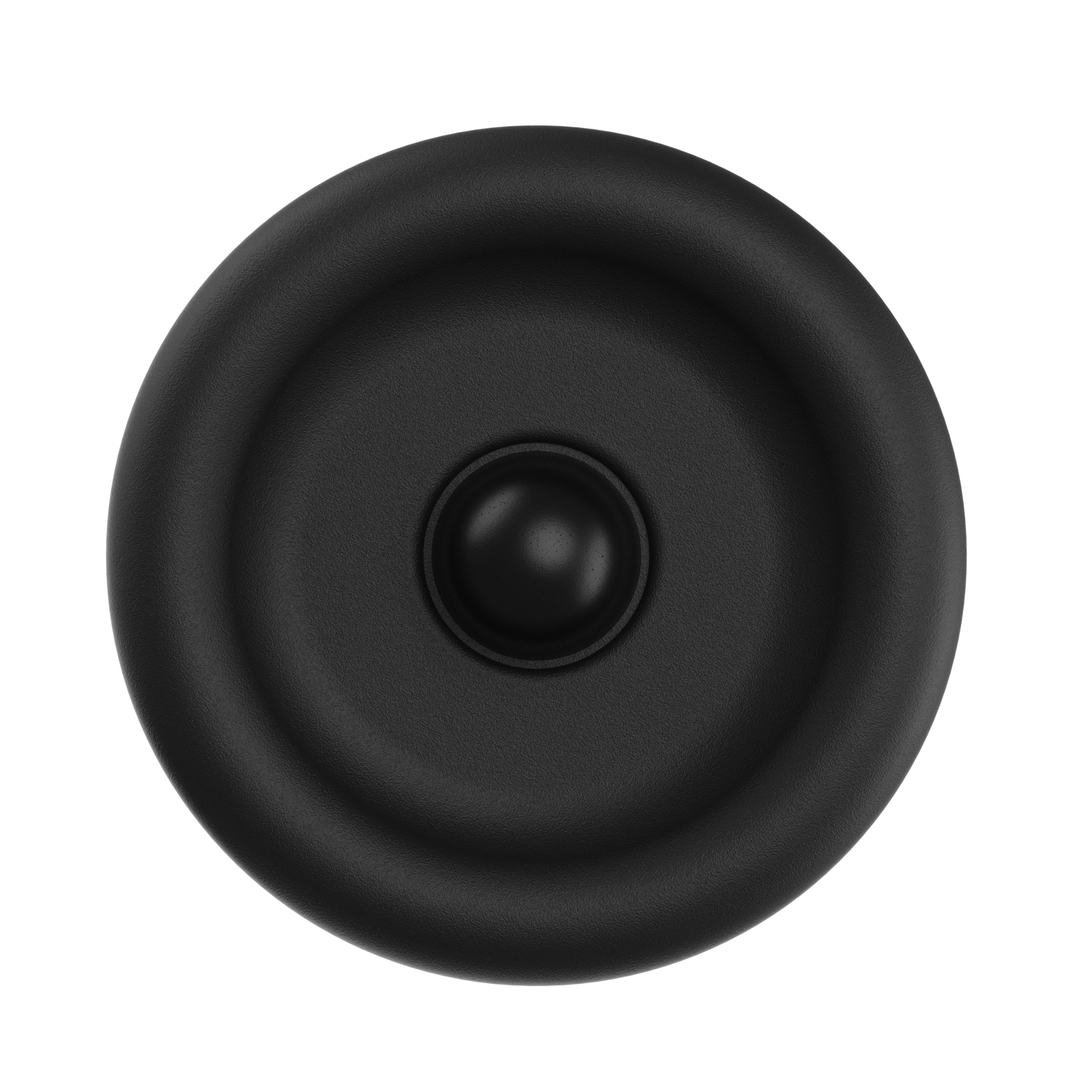 Black circular speaker driver with central dome dust cap and textured surround