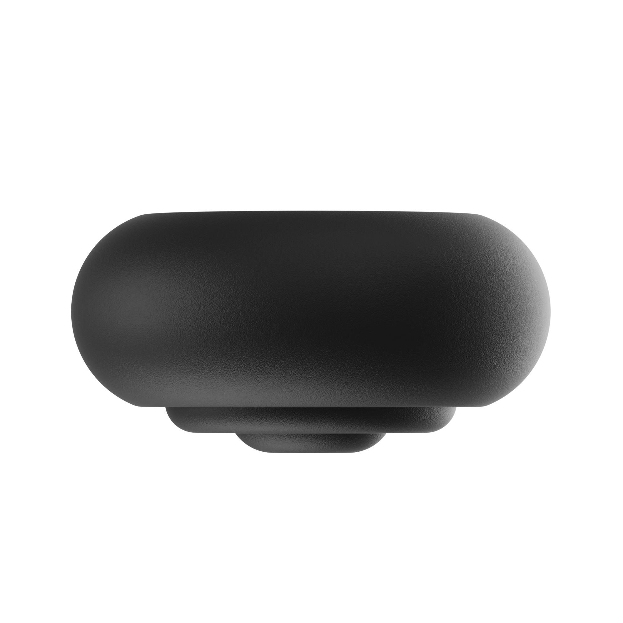 Matte black rounded capsule-shaped device with layered circular base, centered on a black background