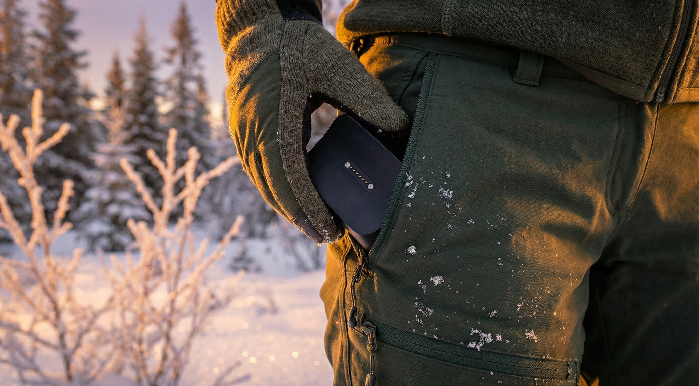Person in winter clothing holding a Rally Orbital Massager Compact Dock with a snowy landscape in the background